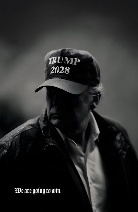A dramatic black and white portrait of Donald Trump wearing a black cap that reads 'TRUMP 2028', with text at the bottom stating 'We are going to win.'