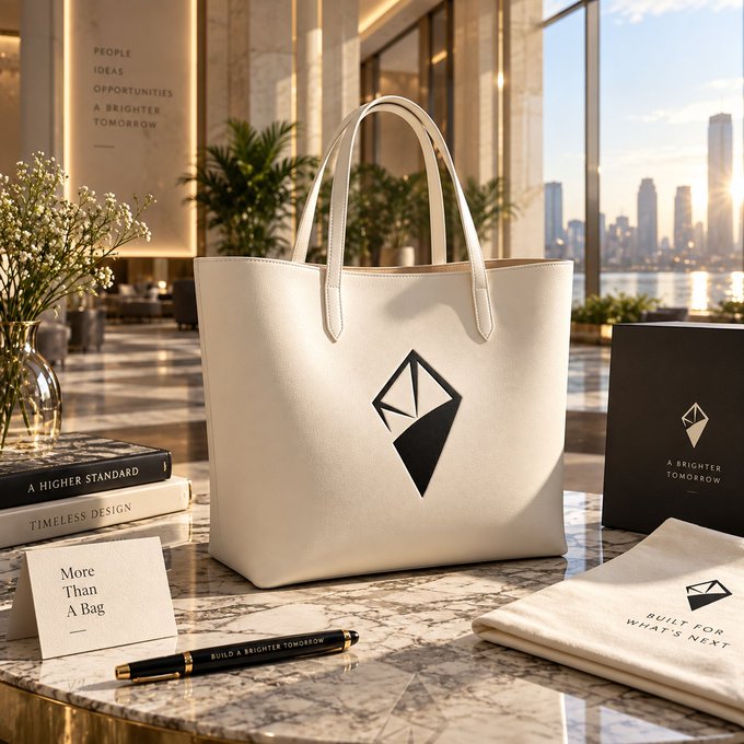A white leather tote bag with a geometric diamond logo sits on a marble counter in a modern lobby, displayed with books labeled 'A HIGHER STANDARD' and 'TIMELESS DESIGN', a card reading 'More Than A Bag', and packaging that says 'A BRIGHTER TOMORROW' and 'BUILT FOR WHAT'S NEXT'.