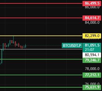 Bitcoin candlestick chart (BTCUSDT.P) showing price at 81,051.5 with resistance levels marked in red (84,614.7 and 86,499.5) and support levels in green.