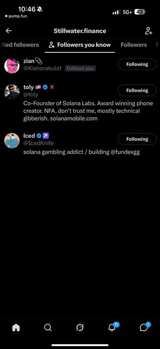 Screenshot of the Stillwater.finance followers page showing a list of users followed including 'zian @Kishorakula1', 'toly @toly' (Co-Founder of Solana Labs), and 'Iced @IcedKnife'.