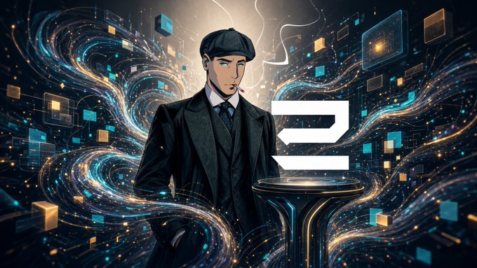 A digital art piece depicting a man in a dark suit and flat cap smoking, standing before a swirling vortex of golden light and floating digital cubes, with a large stylized '3' or 'C' on a pedestal.