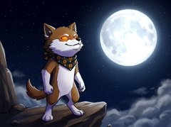 An animated illustration of a Shiba Inu dog wearing a bandana, standing on a rocky cliff under a full moon at night.