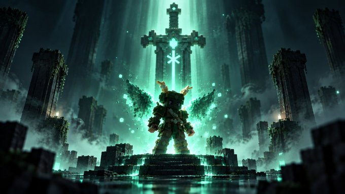 A fantasy character with wings stands before a glowing sword embedded in stone, surrounded by ethereal green light and ancient pillars in a Minecraft-style setting.