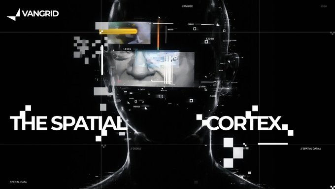 A dark, futuristic graphic labeled 'THE SPATIAL CORTEX' by VANGRID, featuring a digital, glitch-style rendering of a human face with grid overlays.