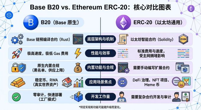 The image is a comparison chart titled "Base B20 vs. Ethereum ERC-20: 核心对比图表" that contrasts the native B20 (Base) token standard with the universal ERC-20 (Ethereum) standard across five dimensions: underlying architecture (Rust precompiles vs. Solidity/EVM smart contracts), performance/efficiency (high speed, low gas vs. standard fees affected by network congestion), built-in features (native compliance like blacklists and supply caps vs. manual contract extensions), application focus (stablecoins, RWA, real-world assets vs. DeFi, NFTs, meme coins), and development effort (zero-code factory deployment vs. complex smart contract development and auditing).

This directly relates to the post, which highlights Base chain B20 standard tokens and recommends the official @clanker_world launchpad along with @rwagamicom and @NovaHub_Rwa entrepreneurship platforms for deploying RWA (real-world assets) on Base, aligning with the chart's emphasis on B