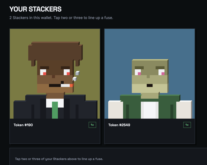 A digital interface displays 'YOUR STACKERS' with two pixel-art character portraits labeled 'Token #190' (brown character in a suit) and 'Token #2549' (green zombie-like character), with instructions to 'Tap two or three to line up a fuse.'