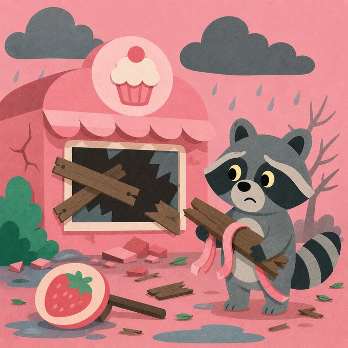 An illustration of a sad raccoon holding broken wooden planks in front of a damaged pink cupcake shop, with rain clouds and debris scattered around.