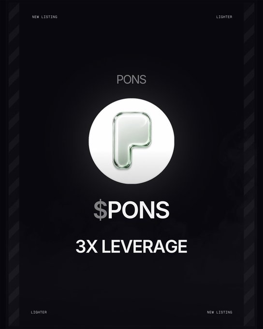 A promotional graphic for '$PONS' featuring a 3D letter 'P' logo on a white circle with text reading 'PONS', '3X LEVERAGE', 'NEW LISTING', and 'LIGHTER' on a black background.