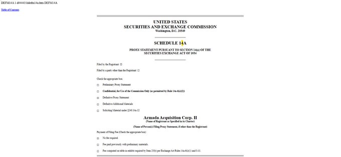 A SEC Schedule 14A proxy statement filing page for Armada Acquisition Corp. II (formerly known as Diffusion Pharmaceuticals Inc., ticker DFNS), showing the cover page of voting materials being distributed to shareholders. The document relates to the post about XRPN shareholders voting on the Evernorth merger, as this is the formal proxy filing for that approval.