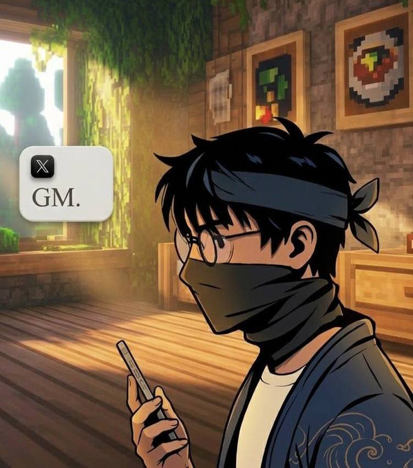 An anime-style illustration of a masked character with glasses holding a phone, with an 'X GM.' speech bubble overlay, set in a sunlit room with pixel-art artwork on the walls.