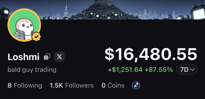 A social media or trading profile for 'Loshmi' (bald guy trading) showing a portfolio value of $16,480.55 with a 7-day gain of +$1,251.64 (+87.55%), featuring a cartoon bird avatar with a verification checkmark.