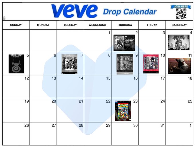 The Veve Drop Calendar displays a monthly schedule of digital collectible releases, featuring notable items including "The Amazing Spider-Man" (Dec 1), "Suicide Squad" (Dec 3), "Black Adam" (Dec 5), "Thor" (Dec 7), "Captain America" (Dec 9), a Teenage Mutant Ninja Turtles #16 comic (Dec 10), a Batman collectible (Dec 11), and "Batman of America" (Dec 23). The calendar ties into the post's promotion of the Veve platform ($omi) with donation information, highlighting upcoming NFT drops for the Veve community.