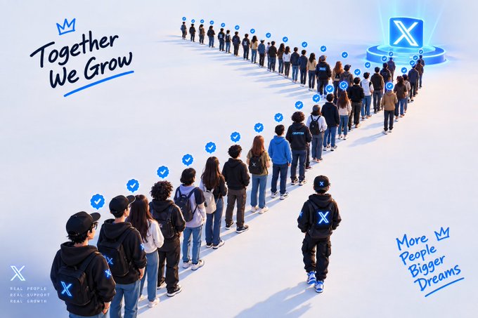 A promotional graphic showing people in line with blue checkmarks leading to an X logo, featuring the text 'Together We Grow' and 'More People Bigger Dreams' with 'REAL PEOPLE REAL SUPPORT REAL GROWTH' in the corner.