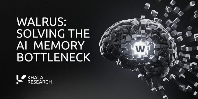 A dark graphic features the bold white headline "WALRUS: SOLVING THE AI MEMORY BOTTLENECK" alongside an illustration of a metallic brain shattering into floating cubes, with a glowing "W" emblem at its center. The Khala Research logo appears in the bottom left, reinforcing the post's theme of exploring AI memory challenges beyond mere capacity—specifically the issue of credibility and trusted data access that Walrus Protocol aims to address.