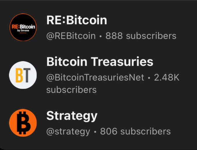 Screenshot showing three cryptocurrency-related YouTube channels: RE:Bitcoin by Sovryn (@REBitcoin, 888 subscribers), Bitcoin Treasuries (@BitcoinTreasuriesNet, 2.48K subscribers), and Strategy (@strategy, 806 subscribers).