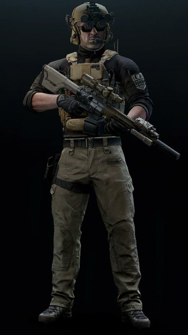 A detailed action figure or 3D render of a military soldier in tactical gear, including a helmet with night vision goggles, holding a rifle.