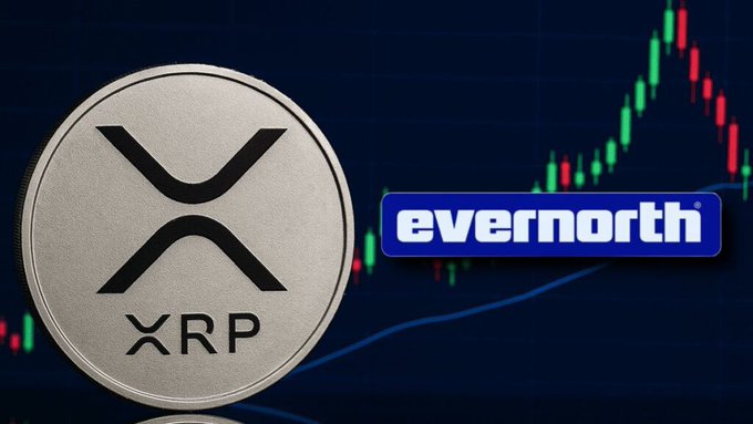 The image shows a silver XRP coin alongside the "evernorth" logo, set against a candlestick chart displaying a sharp rise and decline. It visually represents Evernorth's amended SPAC merger, linking the XRP-backed treasury strategy with the company's public valuation, while the chart reflects the volatile price action that prompted the deal's terms to be updated based on actual XRP value rather than a fixed reference price.