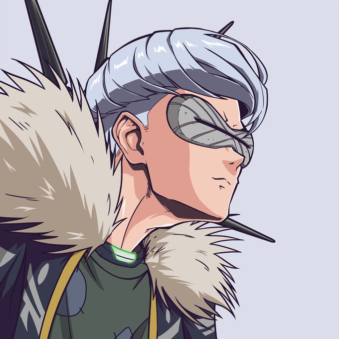 Image 8: An anime-style illustration showing the side profile of a character with silver hair, a metallic eye covering, a green glowing neck ring, and a fur-collared jacket.