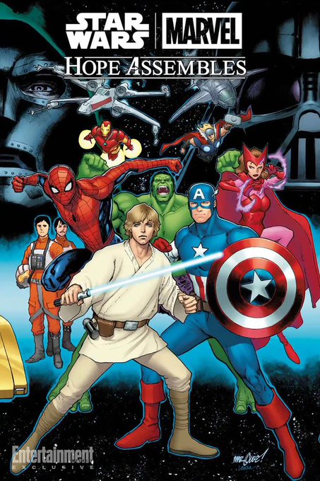 A promotional cover art for a crossover comic titled "STAR WARS | MARVEL: HOPE ASSEMBLES" featuring Marvel superheroes like Spider-Man, Hulk, Captain America, Scarlet Witch, Iron Man, Thor, and a pilot character standing alongside Luke Skywalker wielding a lightsaber, with X-wing fighters and the Death Star in the background. The image illustrates the social media post's complaint about Marvel and Star Wars being merged into a single franchise, visually representing the homogenization of two distinct, profitable brands into one bland crossover product.