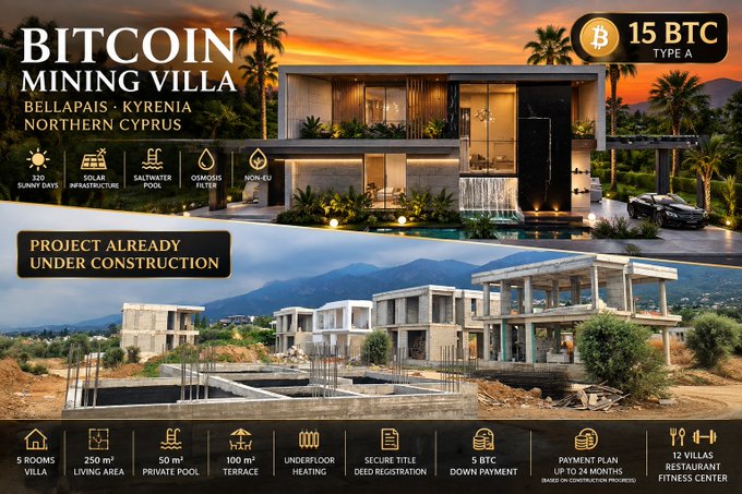 A promotional advertisement for a "Bitcoin Mining Villa" in Bellapais, Kyrenia, Northern Cyprus, showing both a rendered luxury 5-bedroom villa (with 250 m² living area, 50 m² private pool, 100 m² terrace) and the actual property "already under construction," priced at 15 BTC total (Type A) with a 5 BTC down payment and payment plans up to 24 months. The image illustrates the post's claim about purchasing a luxury villa with Bitcoin, featuring key selling points like 320 sunny days, solar infrastructure, saltwater pool, and restaurant/fitness center amenities.