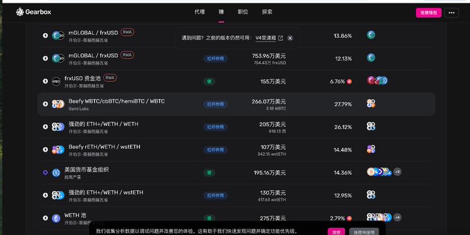The image shows the Gearbox protocol interface displaying a leaderboard of top yield-generating pools, with prominent entries including Beefy wBTC/cbBTC/hemiBTC at 27.79%, Beefy rETH/wETH/vsETH at 14.48%, and various ETH/WETH leveraged pools offering 12-26% APY. This relates to the post by highlighting how Gearbox's Credit Account system enables complex, composable DeFi strategies—like looping leveraged ETH staking positions on Beefy—that execute automatically as a single unified position rather than just simple protocol interoperability.