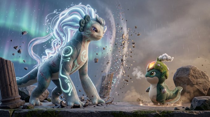 The image depicts a battle scene between two fantastical creatures: a majestic, glowing blue feline-like beast with flowing energy mane on the left, and a small, fierce green plant-like dragon wearing a helmet on the right, with debris flying as they clash in a stormy, rocky arena. This visual corresponds to the "Bitmon Battle" post, illustrating the legendary Froopluxe dominating the basic Puffsprout in an epic creature showdown.