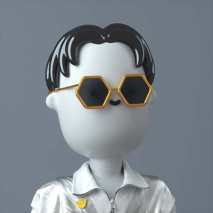 A 3D-rendered white character with black hair, wearing gold hexagonal sunglasses, a silver jacket, and a yellow pointing finger pin.