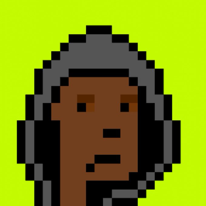 The image features an anthropomorphic character, likely a human or a robot, wearing a hooded jacket with headphones around its neck. The character appears to be looking down at something below them, possibly a message from someone else. The background of the image is green and yellow, which gives it a futuristic feel. The caption above the image reads: "Decoding the future: 'HUMAN SOCIETY shall be ENCIPHERED.' 10 years ago, the first inscription on Ethereum set the tone for a new era of unbreakable art and self-sovereignty completely onchain".
