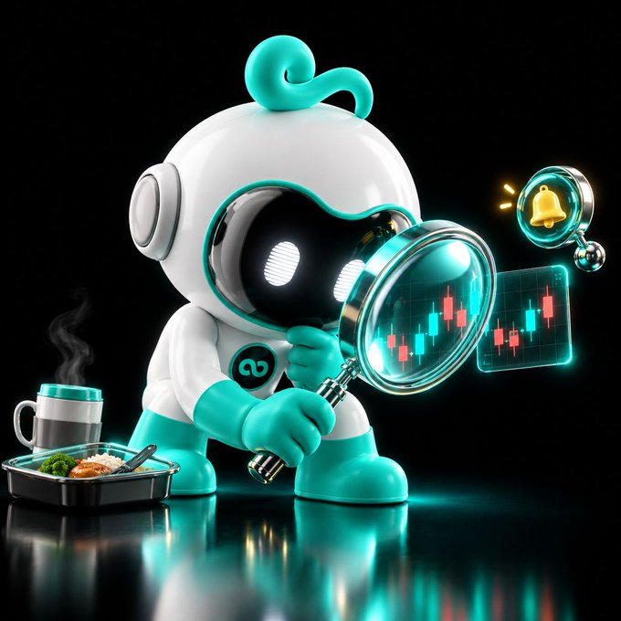 A 3D illustration of a teal and white robot holding a magnifying glass over a candlestick chart, with a ringing notification bell and a small tray of food nearby.