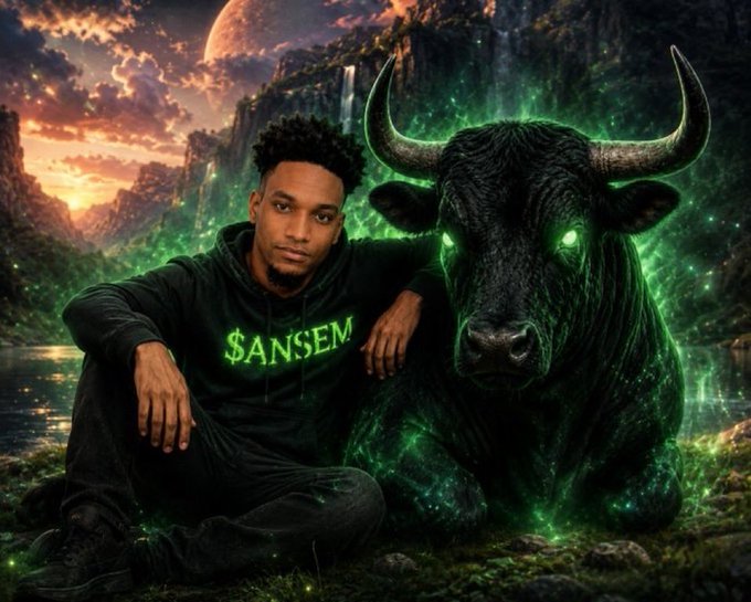 A man wearing a black "$ANSEM" hoodie sits beside a glowing green-eyed bull in a fantasy landscape, visually embodying the bullish conviction behind the $ANSEM token with mystical, early-stage energy. The ethereal bull and rising aura reinforce the post's message that $ANSEM is an underappreciated, foundational opportunity still in its early innings.