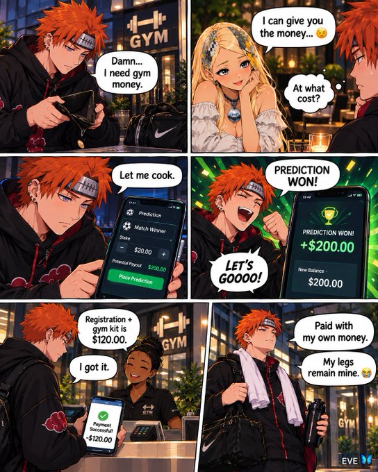 A six-panel anime-style comic featuring an orange-haired character who needs gym money, wins a $200 prediction bet, and successfully pays for a $120 registration and gym kit, ending with the text 'Paid with my own money. My legs remain mine.'