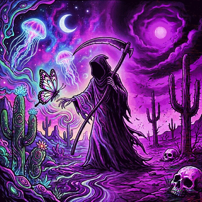 The image features a purple-themed scene with a Death Star figure holding a sword, surrounded by cacti and other desert plants. The background includes a sky filled with stars and planets, as well as jellyfish floating around the figure. The post is titled "SOLD OUT! Thank you ZahariaLevy, Stampfigang, @skllzarmy @GummyLSD Oneiric objkt.com/tokens/KT1RAzT ... ELSEWHERE Collective Collection Organized by @Boundless8D Curated by @cinziagabrielph @sashachudo @solarchi". The image is a creative and imaginative representation of the Death Star figure, with elements from other worlds such as planets, stars, and jellyfish.