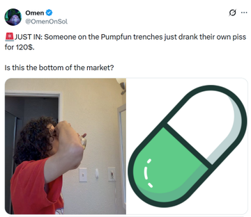 The image features a Twitter account, where a person is seen taking a selfie with a pill in their hand, seemingly posing for the picture with the pill placed in front of them. The post includes an explanation that states, "JustIn. Someones on the pumpufun just drank their own pipiss." This message relates to the image as it appears that someone took a photo of the person holding the pill and captioned it with this message.