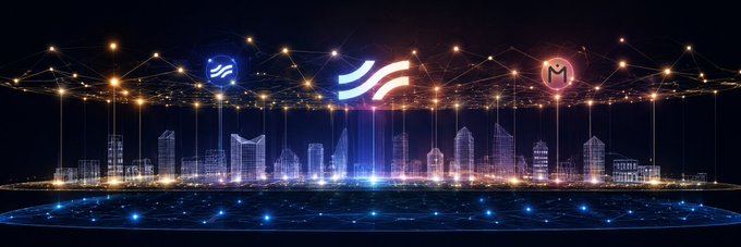 A glowing futuristic cityscape displays the Inveniam (stylized "i" logo) and MANTRA (red "M" logo) brand marks connected by a web of luminous nodes, visually representing their partnership as the data and trust backbone enabling AI agents to transact with verified real-world assets.