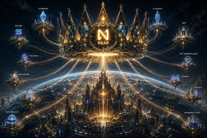 A futuristic digital artwork depicting the NEAR blockchain ecosystem, featuring a central golden crown with the NEAR logo surrounded by floating cityscapes labeled with technologies like ETHEREUM, SOLANA, POLYGON, AVALANCHE, COSMOS, AI AGENTS, DEFI, NFT MARKETPLACES, GAMING, SOCIALFI, and ENTERPRISE APPS.