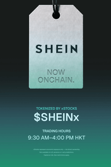 The image shows an advertisement for SHEIN's tokenized stock with a price tag graphic displaying "SHEIN NOW ONCHAIN" and "$SHEINx" tokenized by xStocks, noting trading hours of 9:30 AM-4:00 PM HKT, promoting its availability on PancakeSwap.