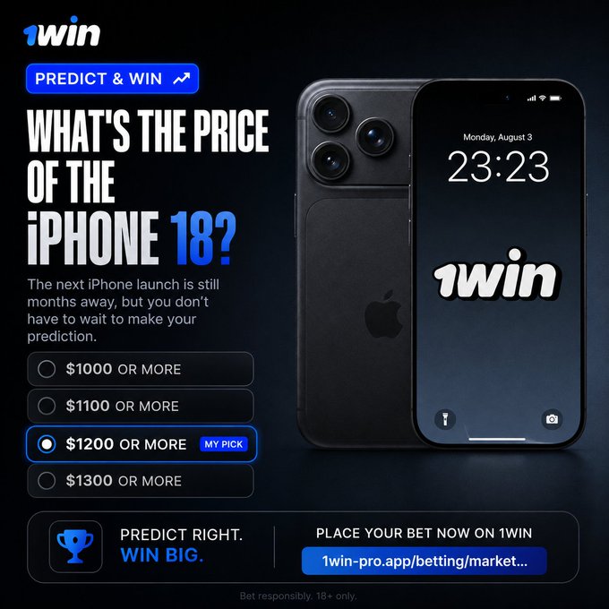A promotional advertisement for 1win asking 'WHAT'S THE PRICE OF THE iPHONE 18?' with betting options of $1000, $1100, $1200 (selected as 'MY PICK'), or $1300 or more, featuring images of a black iPhone.