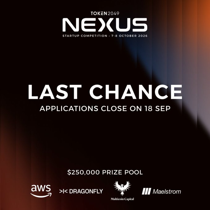 A promotional graphic for 'TOKEN 2049 NEXUS STARTUP COMPETITION' on 7-8 October 2026, announcing 'LAST CHANCE APPLICATIONS CLOSE ON 18 SEP' with a $250,000 prize pool and sponsor logos for AWS, Dragonfly, Multicoin Capital, and Maelstrom.
