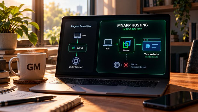 A laptop on a desk displays a diagram comparing 'Regular Belnet Use' with 'MNAPP HOSTING INSIDE BELNET', next to a coffee mug labeled 'GM' and a potted plant.