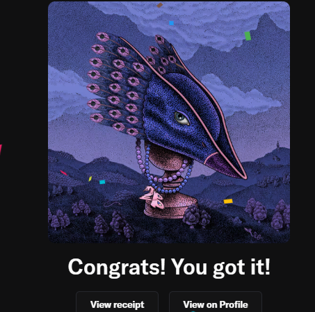 The image features a poster or a graphic design that includes a bird head, possibly a peacock, wearing a hat. The background of the image depicts a cloudy sky with mountains visible behind the clouds. In the bottom right corner of the image, there is text that congratulates the creator on their achievement and thanks them for sharing it.
