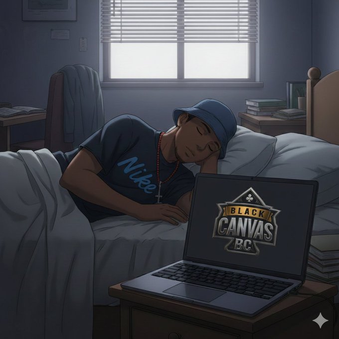 A young person wearing a blue Nike cap and shirt sleeps peacefully on a bed, with a laptop in the foreground displaying the "Black Canvas BC" logo. The image reflects the post's "GN CT" (good night crypto Twitter) message, with the resting figure and lit laptop suggesting a trader stepping away for the night while staying bullish on Black Canvas ($BC).