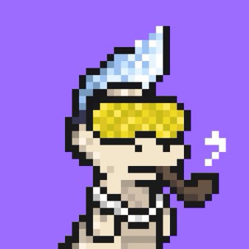 A pixel art depiction of a character wearing a blue feathered hat and yellow sunglasses, smoking a pipe. The retro-style illustration ties into the post's shoutout by showcasing custom artwork from members of the @sartieshbar community.