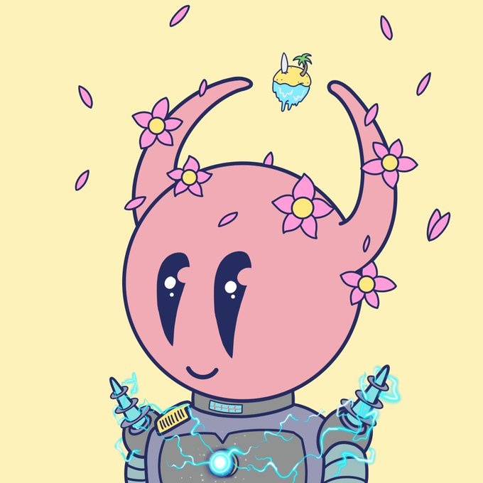 A cute illustration of a pink horned character with cherry blossom flowers on its horns and body, with a small island/floating island above its head, set against a pale yellow background.