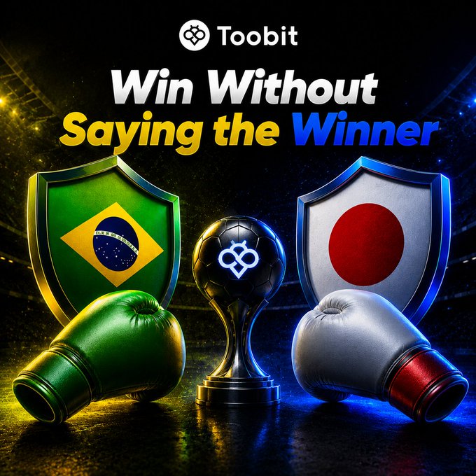 This Toobit graphic announces a contest winner by showcasing boxing gloves and shields with national flags representing a soccer match, with the text "Win Without Saying the Winner." This image visually represents the contest mentioned in the accompanying post, which involved guessing the exact number of goals scored by the winning team.