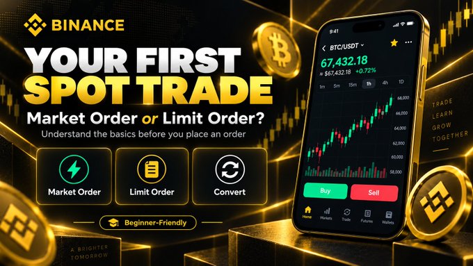 A Binance promotional graphic titled "YOUR FIRST SPOT TRADE" prompts beginners to choose between a Market Order, Limit Order, or Convert, featuring a smartphone displaying the BTC/USDT trading pair at $67,432.18 with a +0.72% gain and a candlestick chart, alongside gold Bitcoin coins and the tagline "TRADE LEARN GROW TOGETHER." The image visually reinforces the post's message by illustrating the key decision point for new crypto traders and showcasing Binance's beginner-friendly trading interface.