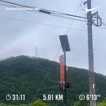The image shows a street sign with the time of 5:01, indicating that someone has run for 50 minutes. The sign is located near a power line pole and a mountain top.