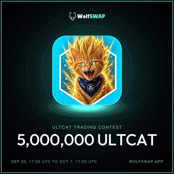A promotional poster for WolfSWAP's 'ULTCAT TRADING CONTEST' featuring a glowing, fiery cat illustration and advertising a prize pool of 5,000,000 ULTCAT.