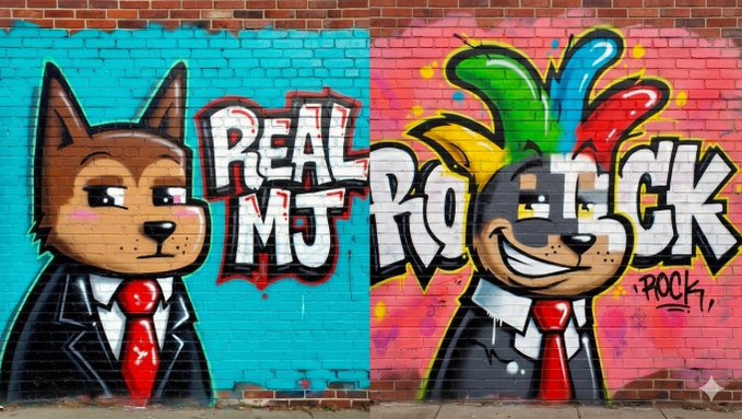 The image features a large mural painted on a brick wall, with two cartoon dogs standing side by side. One dog has a red tie around its neck, while the other wears a black suit. The text "Real MjRock" is written above them in white letters. In addition to the mural and the two cartoon dogs, there are also some words related to the post on the image that read: 
"CSN REAL TALK RAW TRUTH x.com/realmjmetax/st ... SomeONE LUCKY WALKS AWAY WITH A DOGINAL DOG".