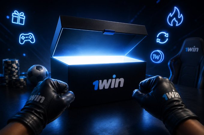A glowing blue mystery box branded "1win" sits between two boxing gloves, surrounded by gaming and betting icons, symbolizing the unveiling of the $1WIN token's next phase—including its Solana launch and upcoming tokenomics changes.