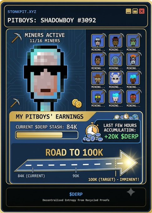 A pixel-art dashboard from STONKPIT.XYZ shows "PITBOYS: SHADOWBOY #3092" with 11/16 miners active mining $DERP tokens, highlighting a current stash of 84K against a 100K target, with a "Last Few Hours Accumulation" of +20K $DERP—visually reinforcing the post's celebration of nearing the 100K $DERP milestone and crediting collaborators @OxSimpleFarmer and @Unclemac.
